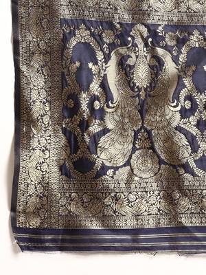 Women's Navy Blue Kota Lichi Golden Zari Ethnic Motif Banarasi Contemporary Woven Design Saree With Running Blouse Piece 4