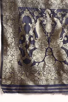 Women's Navy Blue Kota Lichi Golden Zari Ethnic Motif Banarasi Contemporary Woven Design Saree With Running Blouse Piece