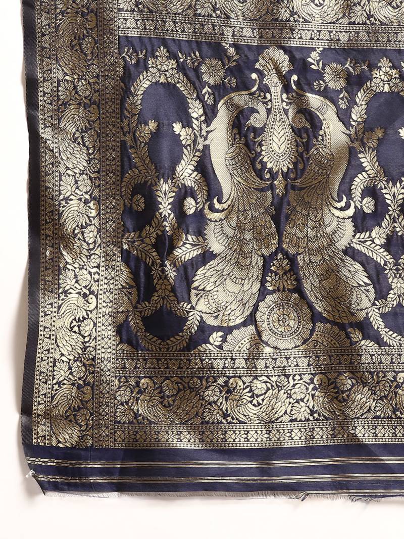 Women's Navy Blue Kota Lichi Golden Zari Ethnic Motif Banarasi Contemporary Woven Design Saree With Running Blouse Piece