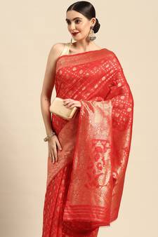 Women's Red Kota Lichi Golden Zari Ethnic Motif Banarasi StyleContemporary Woven Design Saree With Running Blouse Piece