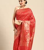 Women's Red Kota Lichi Golden Zari Ethnic Motif Banarasi StyleContemporary Woven Design Saree With Running Blouse Piece