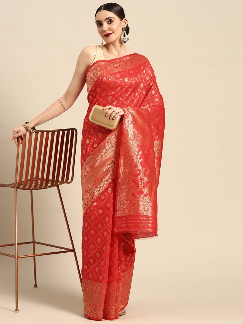 Women's Red Kota Lichi Golden Zari Ethnic Motif Banarasi StyleContemporary Woven Design Saree With Running Blouse Piece