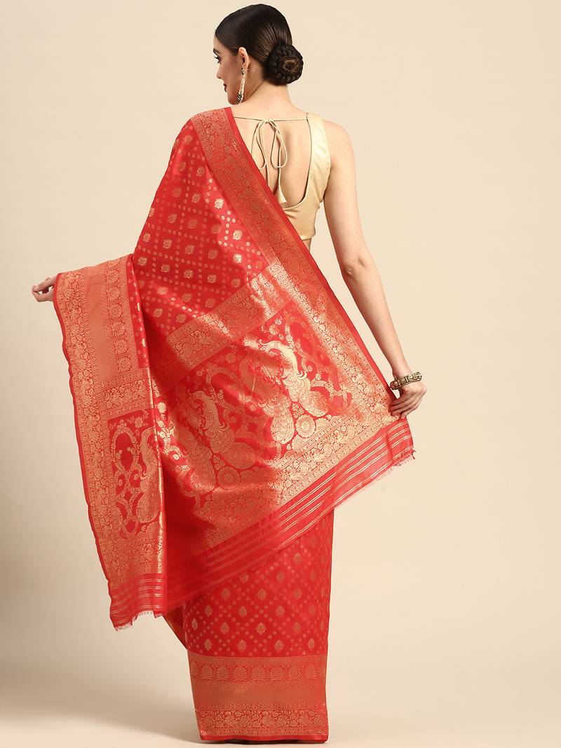 Women's Red Kota Lichi Golden Zari Ethnic Motif Banarasi StyleContemporary Woven Design Saree With Running Blouse Piece