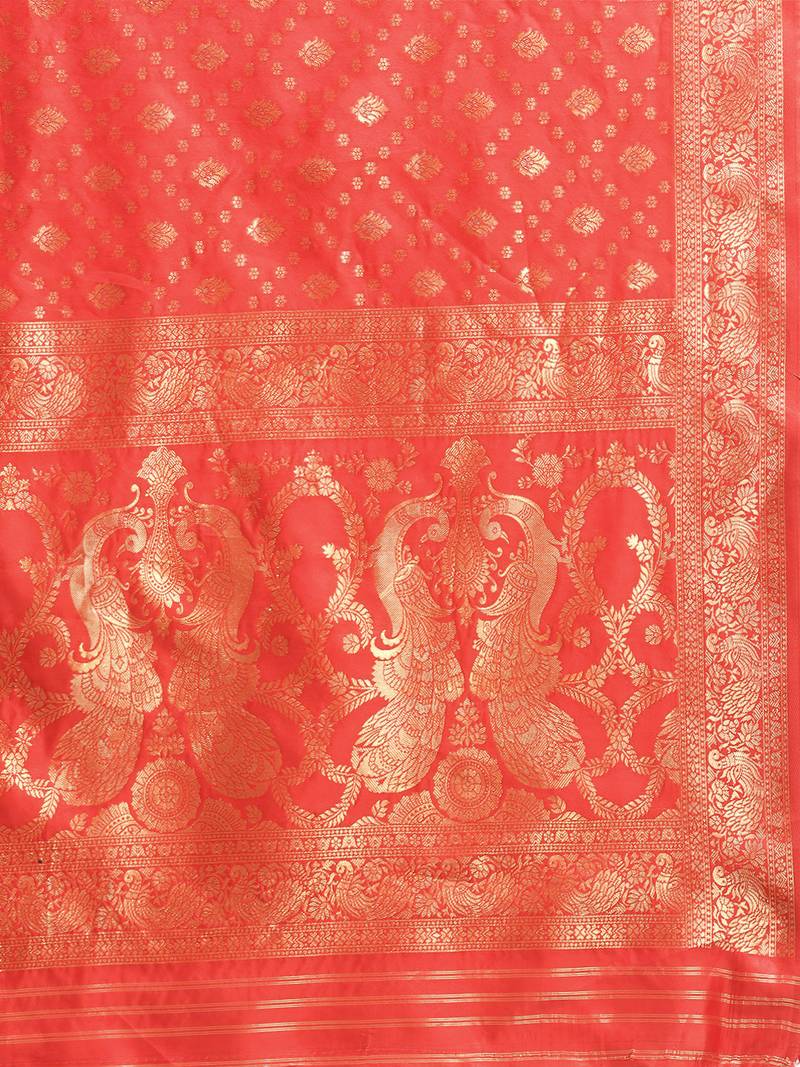 Women's Red Kota Lichi Golden Zari Ethnic Motif Banarasi StyleContemporary Woven Design Saree With Running Blouse Piece