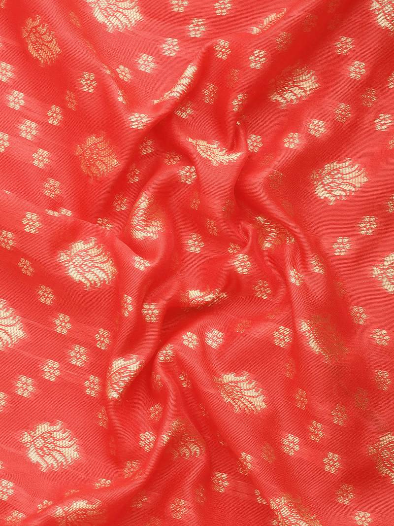 Women's Red Kota Lichi Golden Zari Ethnic Motif Banarasi StyleContemporary Woven Design Saree With Running Blouse Piece