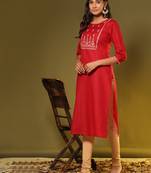 Vbuyz Women'S Embroidered Straight Cotton Blend Red Stitched Kurta