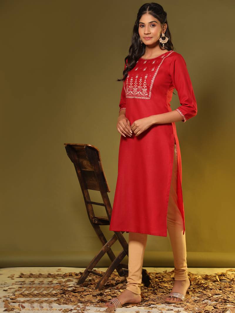 Vbuyz Women'S Embroidered Straight Cotton Blend Red Stitched Kurta