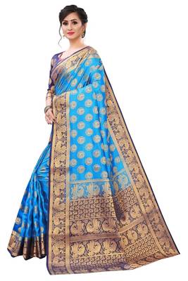 Sky blue woven banarasi silk saree with blouse 3