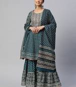 Vbuyz Women'S Print & Embroidered Flared Cotton Teal Stitched Kurta Sharara With Dupatta