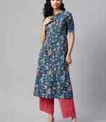 Vbuyz Women'S Print & Hand Work A-Line Cotton Dark Aqua Stitched Kurta