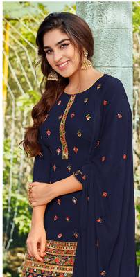 Dark-blue embroidered faux georgette salwar 2