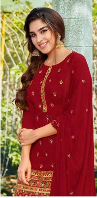 Red embroidered faux georgette salwar 2