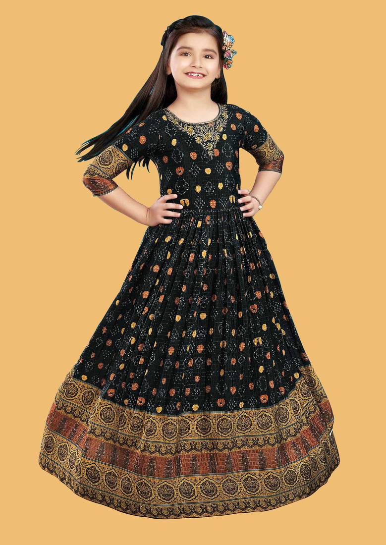 White Button Black bandhani Print N Embroidery Kids Dress Gown