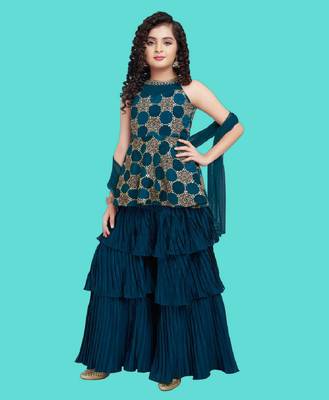 White Button Girls Rama Green Digital Print Crushed FabricSharara Suit 1