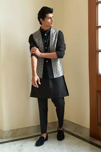 Sheen Black Nehru Jacket Set