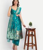 Aqua-blue jacquard cotton silk Kurta Pant With Dupatta