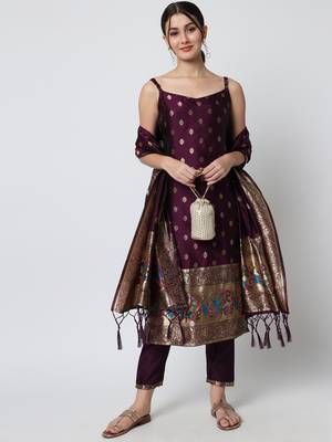 Purple jacquard cotton silk Kurta Pant With Dupatta 1