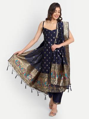 Navy-blue jacquard cotton silk Kurta Pant With Dupatta 1