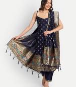 Navy-blue jacquard cotton silk Kurta Pant With Dupatta