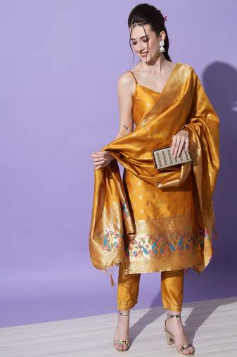 Mustard jacquard cotton silk Kurta Pant With Dupatta
