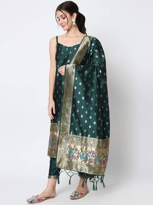Dark-green jacquard cotton silk Kurta Pant With Dupatta 1