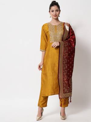 Mustard embroidered silk blend Kurta Pant With Dupatta 1