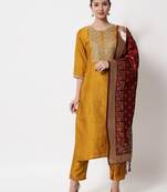Mustard embroidered silk blend Kurta Pant With Dupatta