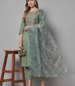 Sea-green embroidered silk blend Kurta Pant With Dupatta