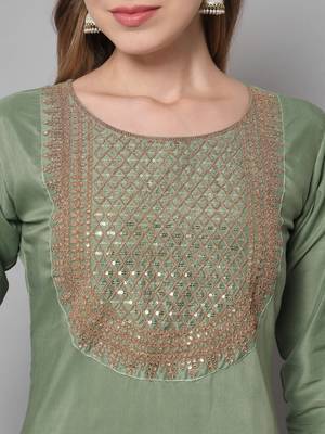Sea-green embroidered silk blend Kurta Pant With Dupatta 2