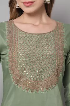 Sea-green embroidered silk blend Kurta Pant With Dupatta