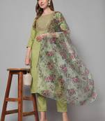 Light-green embroidered silk blend Kurta Pant With Dupatta