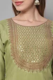 Light-green embroidered silk blend Kurta Pant With Dupatta