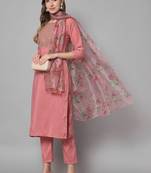 Pink embroidered silk blend Kurta Pant With Dupatta
