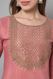 Pink embroidered silk blend Kurta Pant With Dupatta