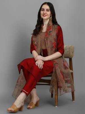 Maroon embroidered silk blend Kurta Pant With Dupatta 1