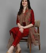 Maroon embroidered silk blend Kurta Pant With Dupatta