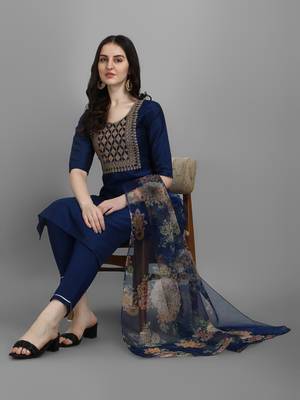 Blue embroidered silk blend Kurta Pant With Dupatta 1