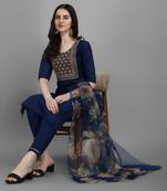 Blue embroidered silk blend Kurta Pant With Dupatta