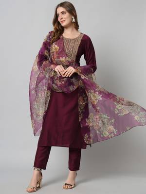 Purple embroidered silk blend Kurta Pant With Dupatta 1