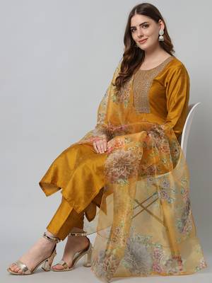 Mustard embroidered silk blend kurta sets 1