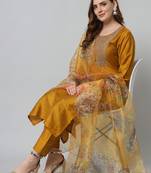 Mustard embroidered silk blend kurta sets