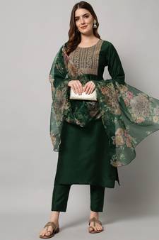 Dark-green embroidered silk blend Kurta Pant With Dupatta