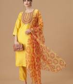 Yellow embroidered silk blend Kurta Pant With Dupatta