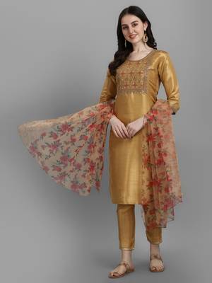 Mustard embroidered silk blend Kurta Pant With Dupatta 1