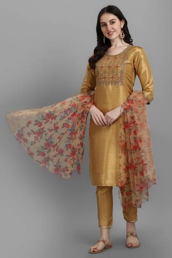 Mustard embroidered silk blend Kurta Pant With Dupatta