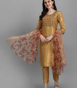 Mustard embroidered silk blend Kurta Pant With Dupatta