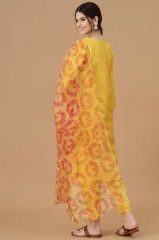 Yellow embroidered silk blend Kurta Pant With Dupatta