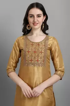 Mustard embroidered silk blend Kurta Pant With Dupatta