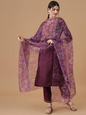 Purple embroidered silk blend Kurta Pant With Dupatta 1