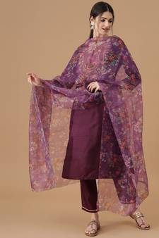 Purple embroidered silk blend Kurta Pant With Dupatta